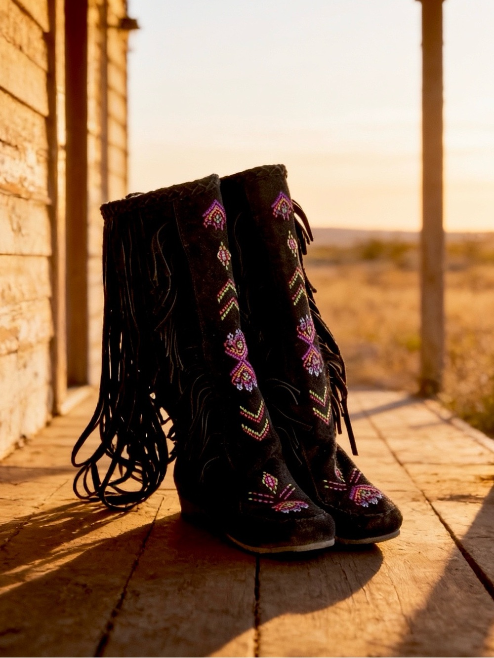 Black Suede Embroidered Fringe Knee-High Boots - Women's